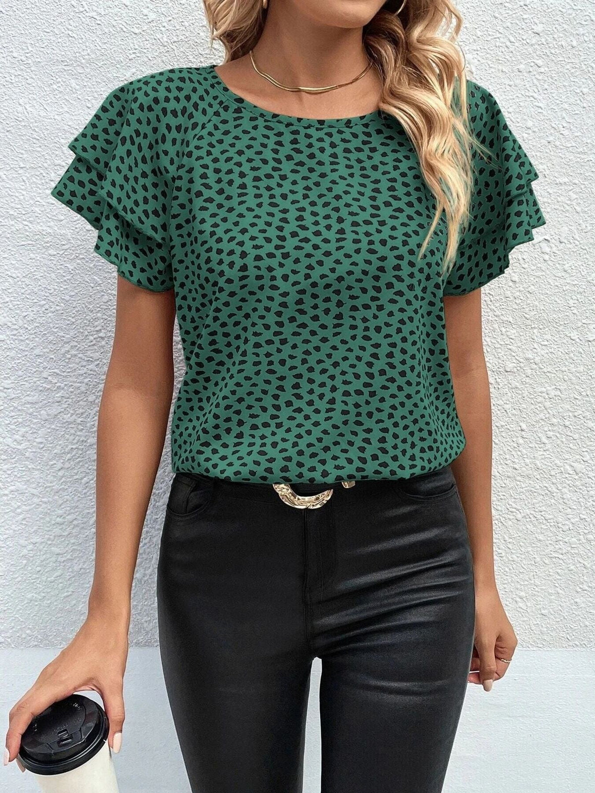 Animal Print Ruffle Sleeve Blouse