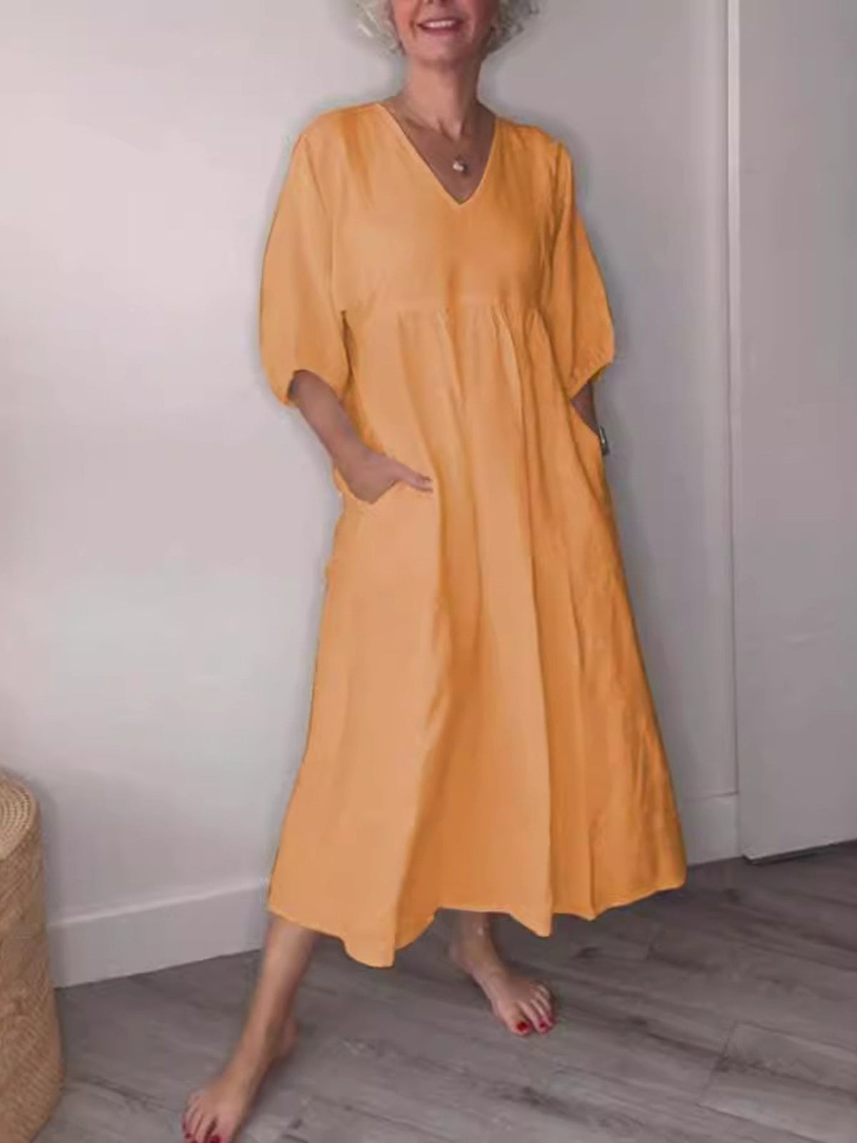 Full Size V-Neck Loose Fit Midi Dress with Pockets Plus Size