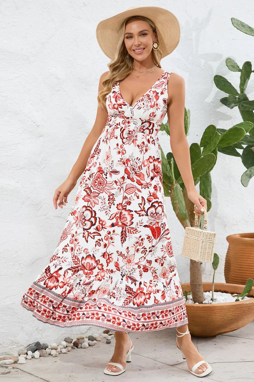 Printed V-Neck Wide Strap Dress - Ladyez