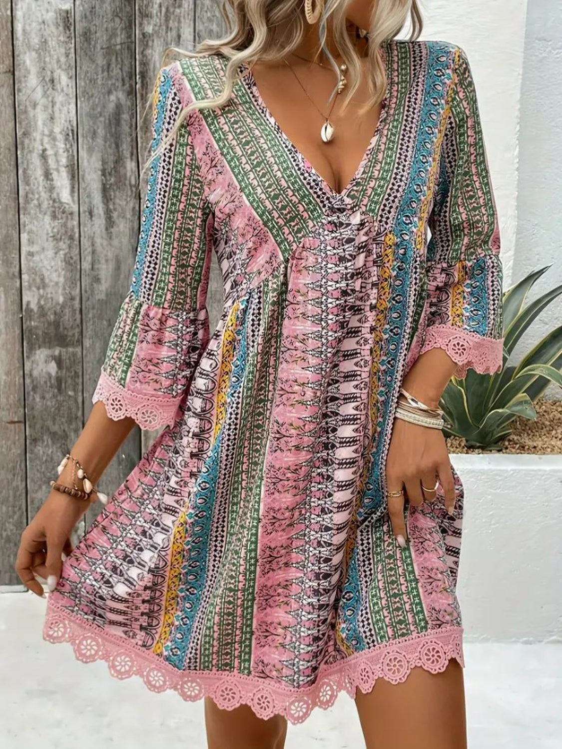 Lace Trim Printed V-Neck 3/4 Sleeve Dress - Ladyez
