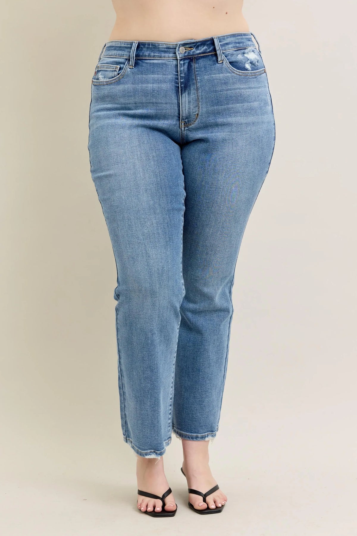 Judy Blue Full Size Mid Rise Wash Destroy Hem Bootcut Jeans Plus Size - Ladyez