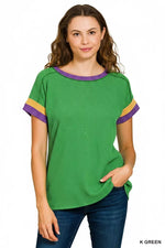Zenana Mardi Gras Raised Rib Contrast Trim Top