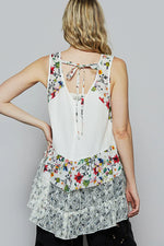 POL Floral Print Scoop Neck Tank with Lace Trim - Ladyez