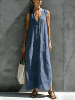 Full Size Sleeveless V-Neck Button-Down Linen Maxi Dress Plus Size