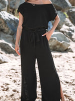 One Shoulder Short Sleeve Knotted Waist Jumpsuit
