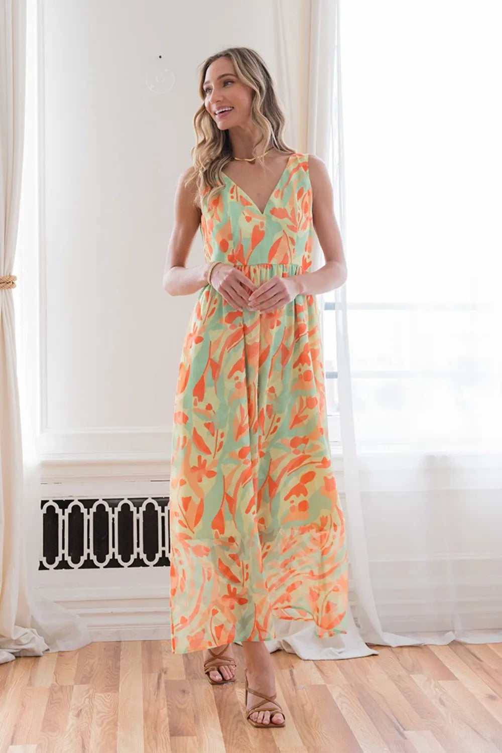 Sew In Love Printed V-Neck Sleeveless Dress - Ladyez