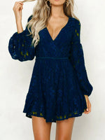 Lace V-Neck Long Sleeve Mini Dress - Ladyez