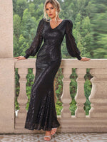 Sequin V-Neck Lantern Sleeve Maxi Dress - Ladyez