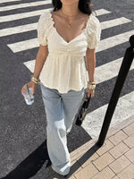 Textured Sweetheart Neck Puff Sleeve T-Shirt