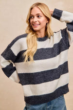 BiBi Wide Stripe Fuzzy Knit Round Neck Sweater