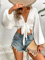 Tied V-Neck Cropped Cover-Up - Ladyez