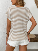 Striped V-Neck Short Sleeve T-Shirt - Ladyez