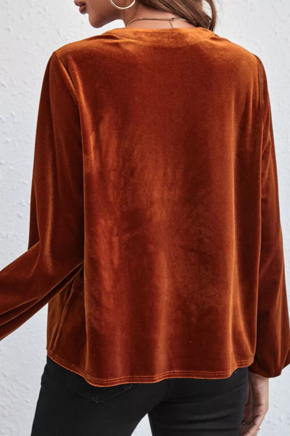 Notched Long Sleeve Velvet Top