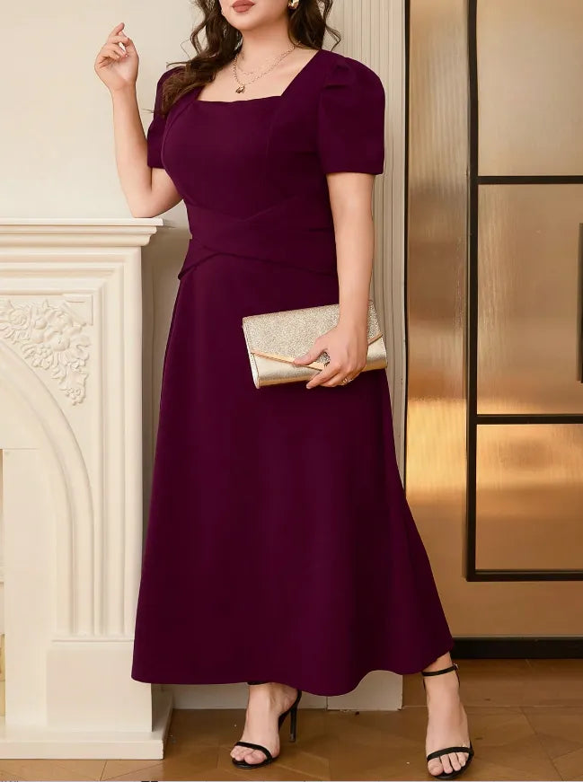 Plus Size Square Neck Puff Sleeve Midi Dress - Ladyez
