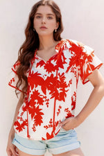 Plant Print Tiered Ruffled Sleeve Tie Neck Blouse