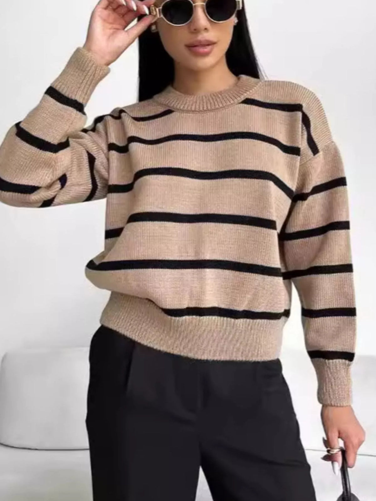 Striped Knit Round Neck Sweater