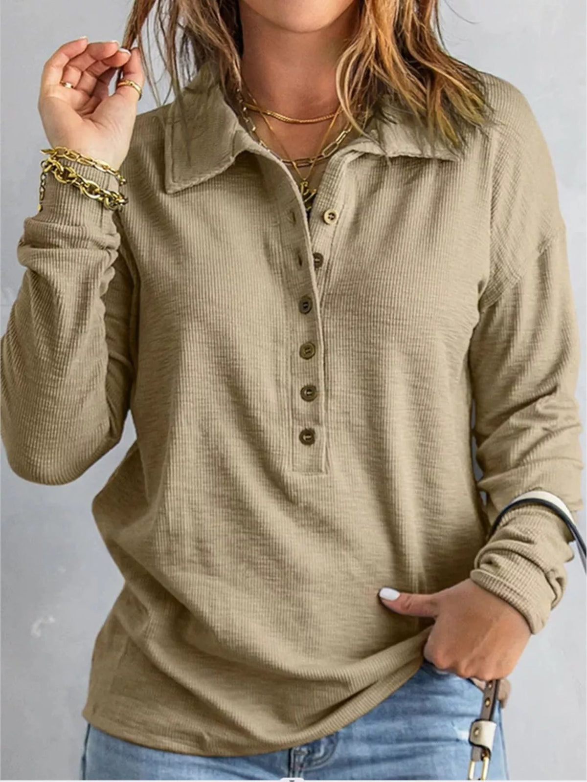 Full Size Button Detail Long Sleeve Top Plus Size