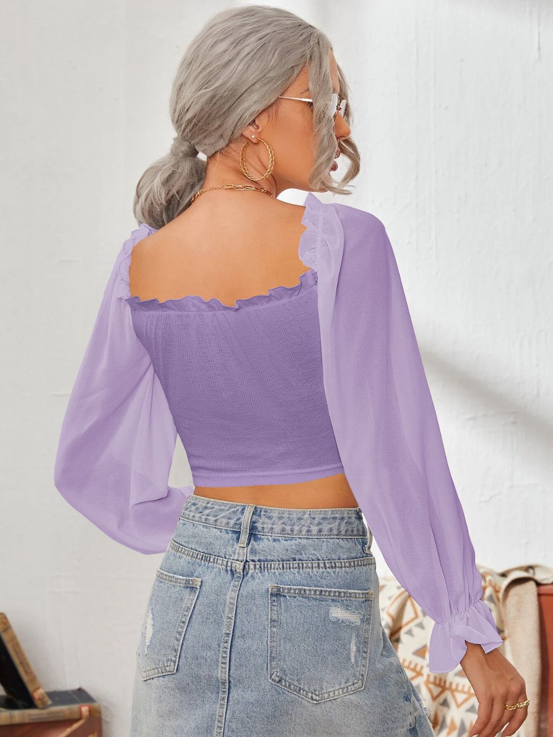 Mesh Sweetheart Neck Flounce Sleeve Top - Ladyez