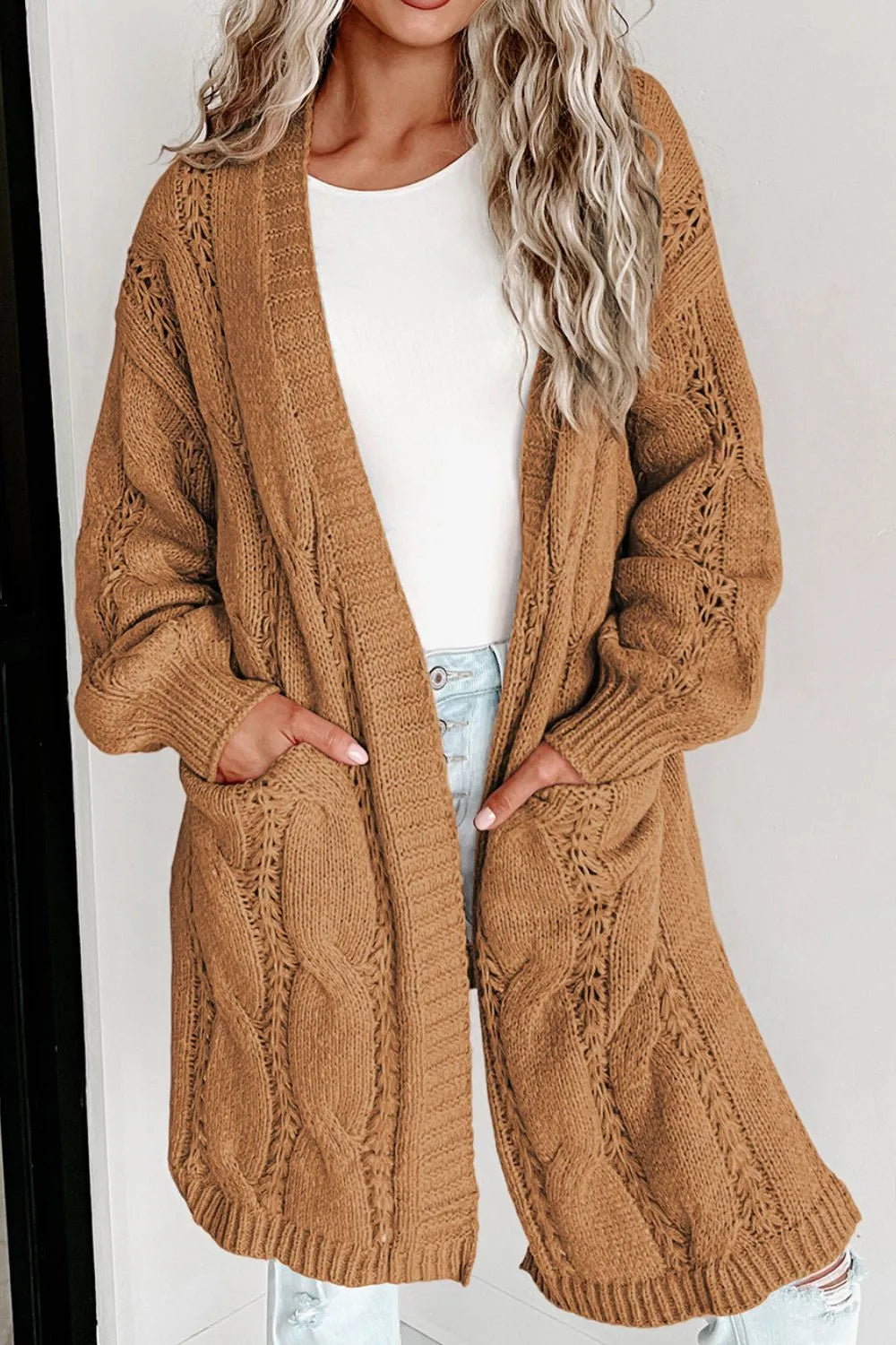 Cable-Knit Dropped Shoulder Slit Cardigan