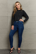 Rhinestone Round Neck Long Sleeve Bodysuit - Ladyez