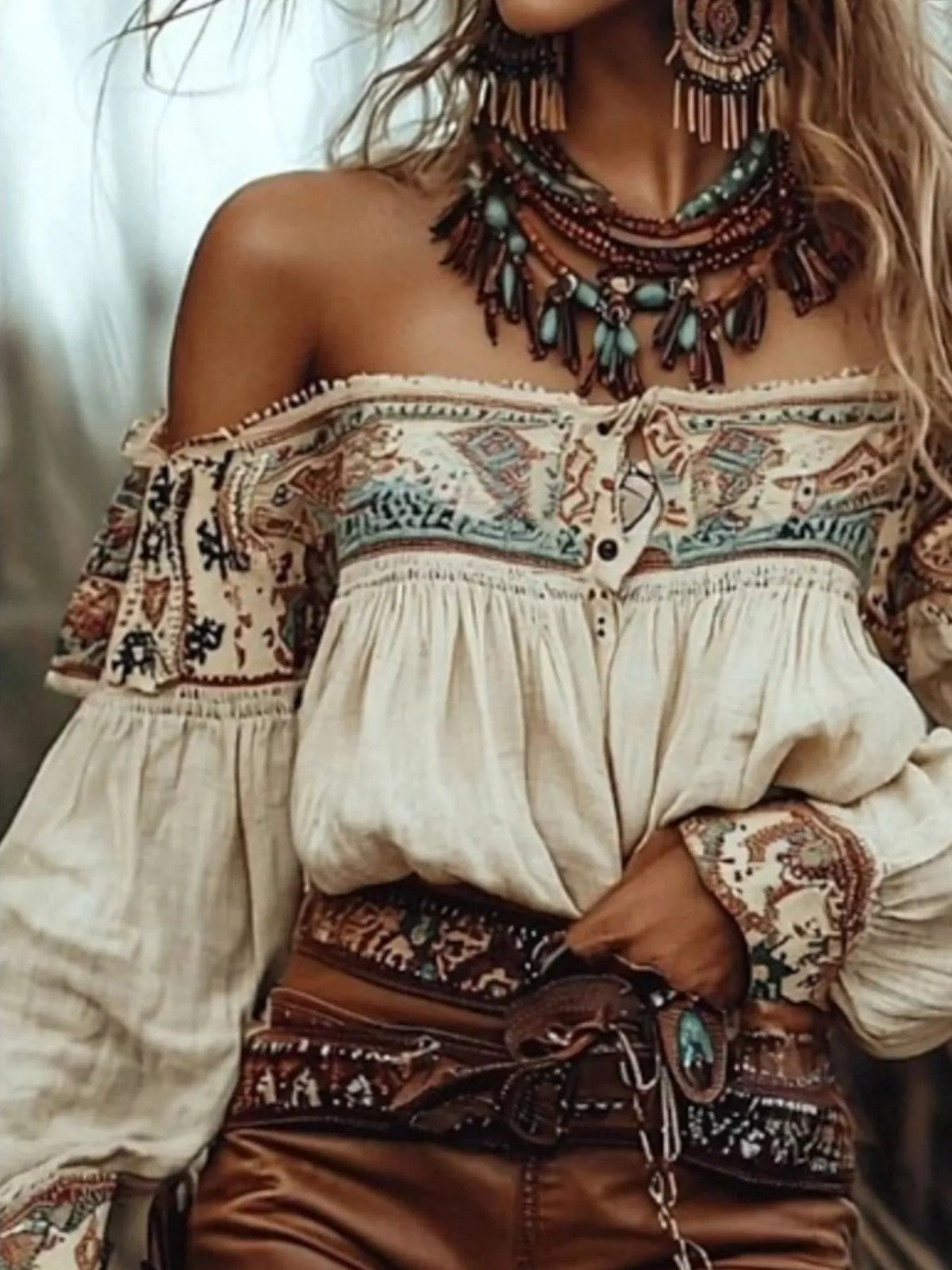Off-Shoulder Printed Long Sleeve Blouse