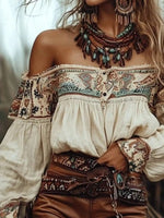 Off-Shoulder Printed Long Sleeve Blouse