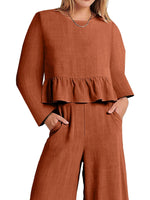 Full Size Ruffled Hem Long Sleeve Top and Pants Set Plus Size