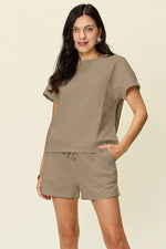 Double Take Full Size Texture Short Sleeve T-Shirt and Drawstring Shorts Set - Ladyez