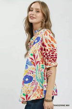 Umgee V-Neck Ruffle Trim Puff Sleeve Top