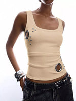 Ribbed Tank Top with Metal Grommet Cutouts and Stud Embellishments