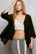 POL Floral Eyelet V-Neck Salloped Shirt