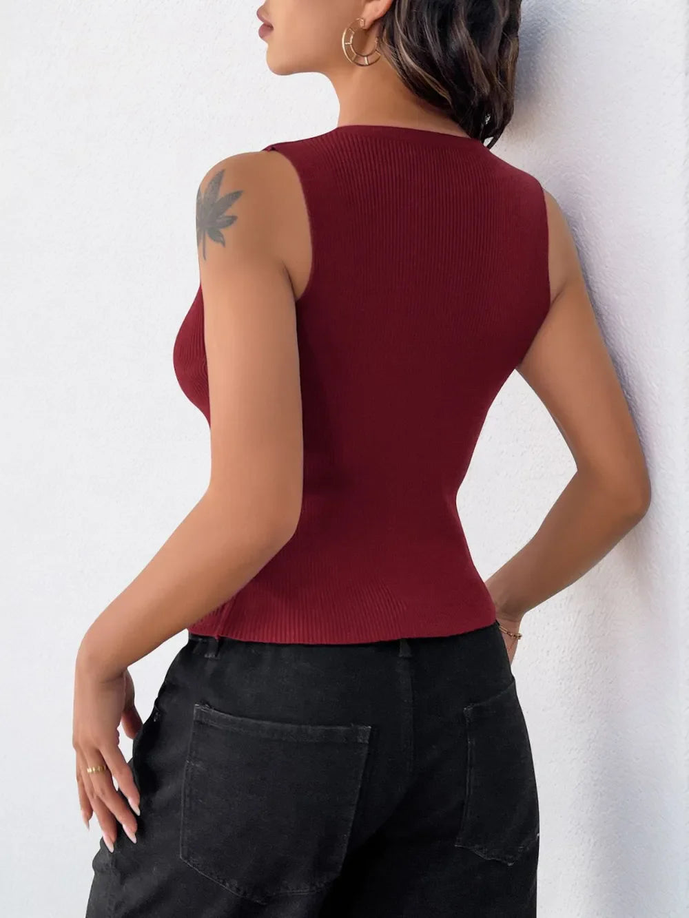 Perfee Ribbed Knot Button Cropped Tank
