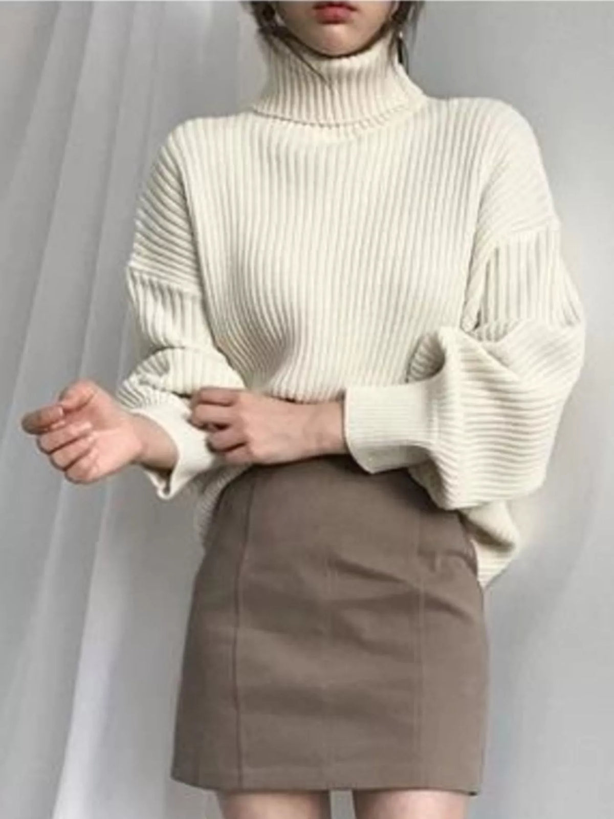 Oversized Turtleneck Ribbed Knit Sweater