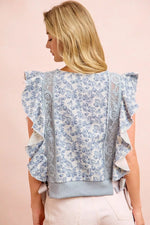 BiBi Floral Printed Twill Lace Trim Detail Side Bow Tied Top