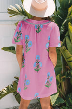 Floral Notched Summer Mini Dress with Striped Trim