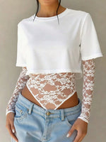 Full Size Lace Patchwork Round Neck Bodysuit Plus Size