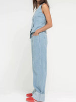 Striped Button Up Sleeveless Top and Jeans Denim Set