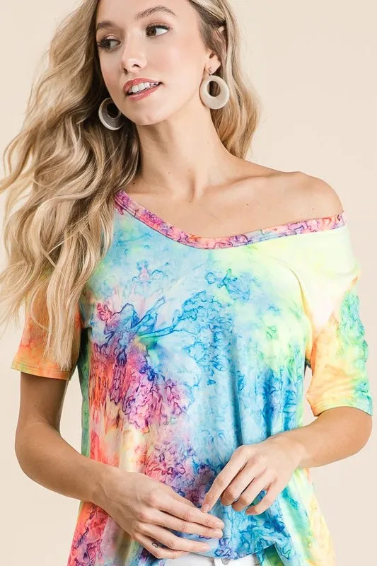 BiBiTie Dye Print Jersey V Neck Top