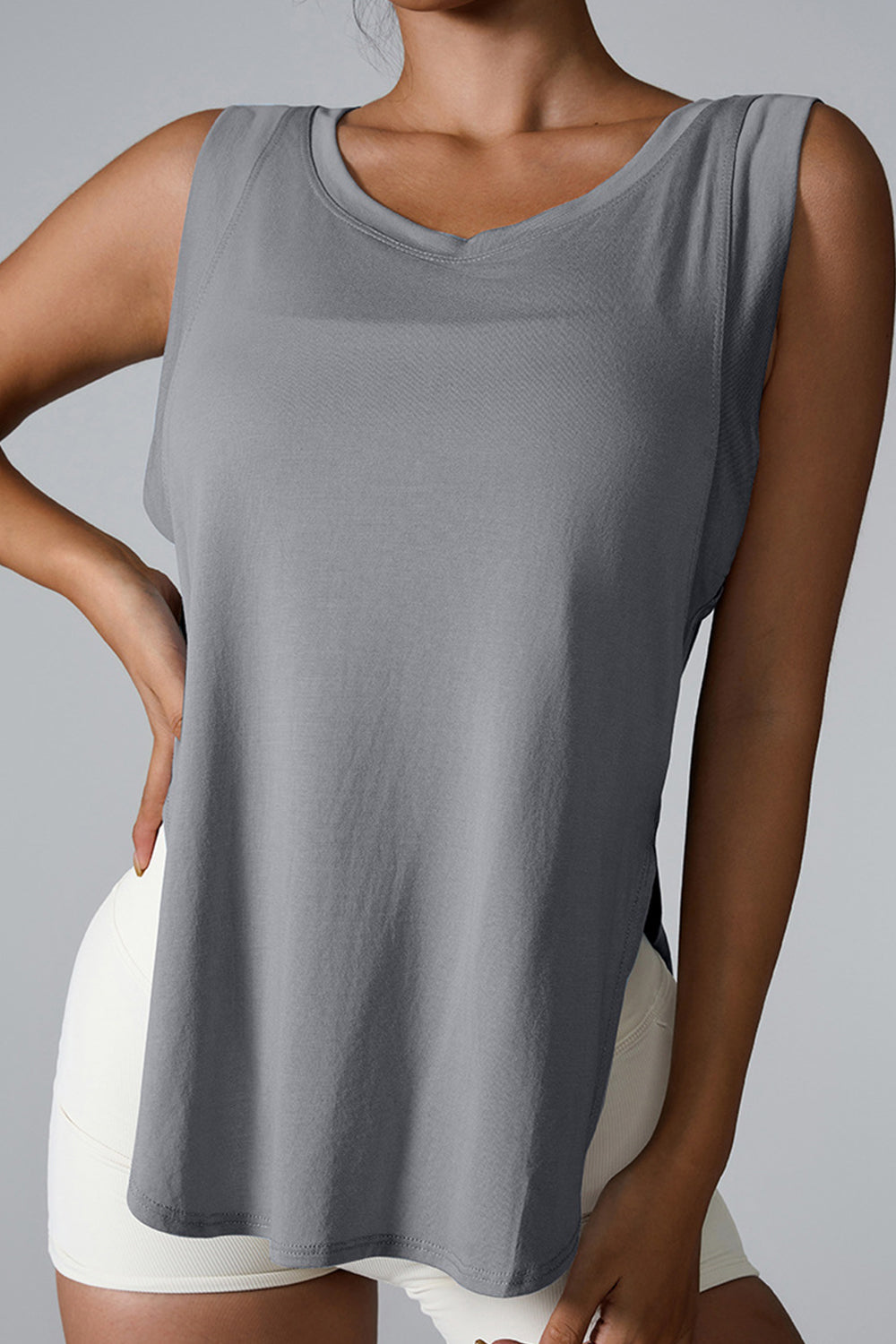 Slit Round Neck Active Tank - Ladyez
