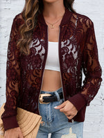 Sheer Lace Zip Up Long Sleeve Jacket - Ladyez