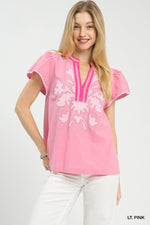Umgee Abstract Applique Split Neck Top
