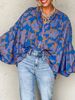 Floral Print Batwing Sleeve Buttoned Loose Fit Shirt
