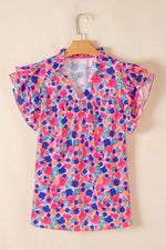 Abstract Print Ruffled Sleeve Notched Blouse