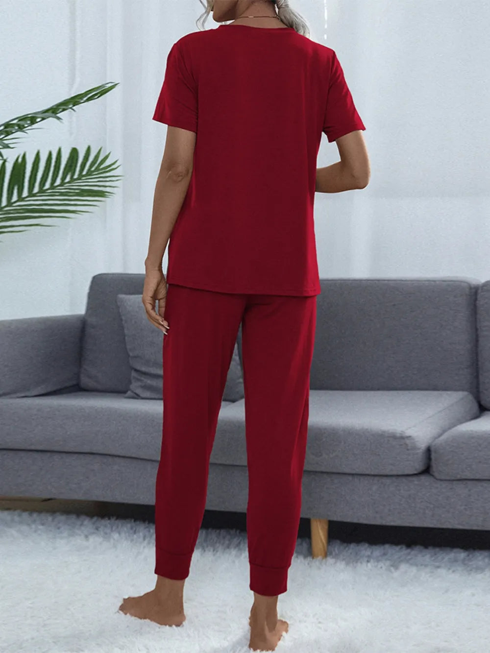 Shiny Round Neck Top and Pants Lounge Set - Ladyez