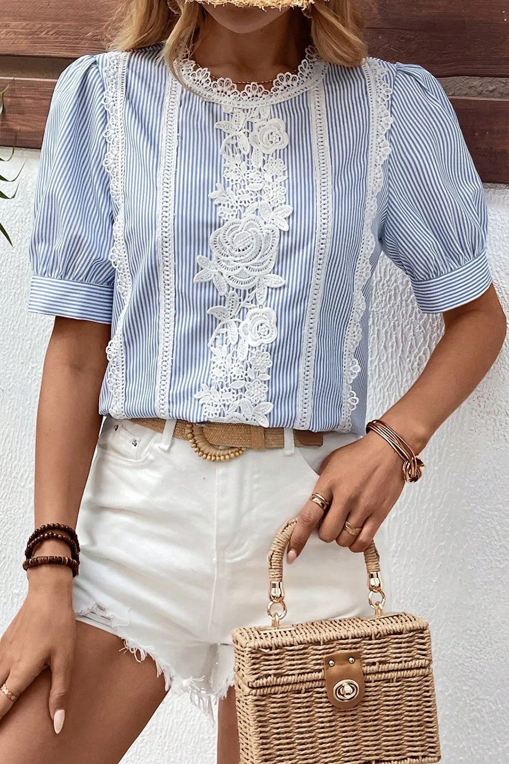 Lace Detail Striped Round Neck Half Sleeve Blouse - Ladyez