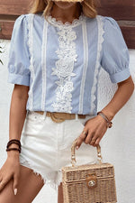 Lace Detail Striped Round Neck Half Sleeve Blouse - Ladyez