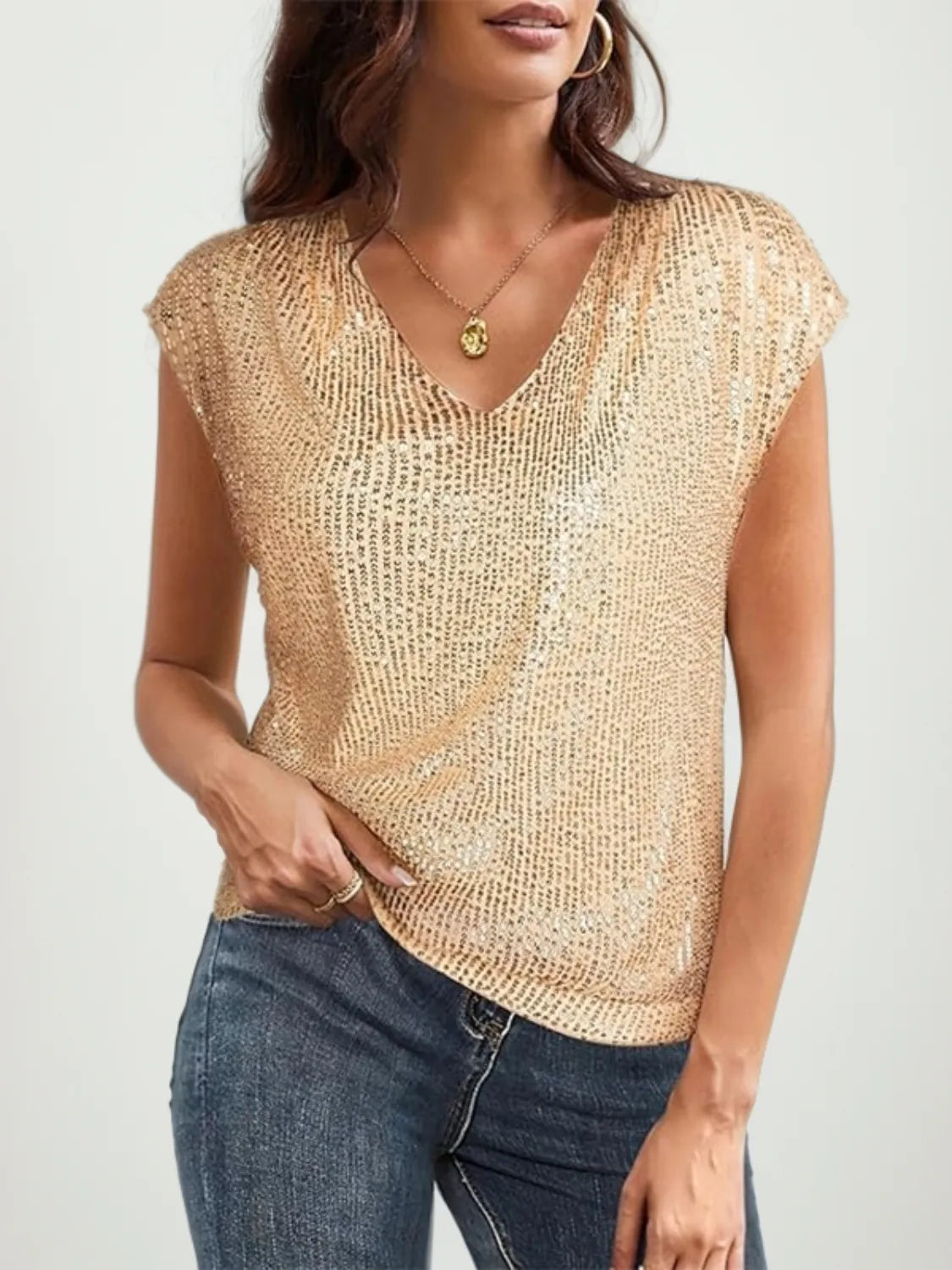 V-Neck Sequin Cap Sleeve Top - Ladyez