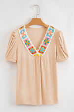 Floral Crochet V Neck Short Sleeve Blouse