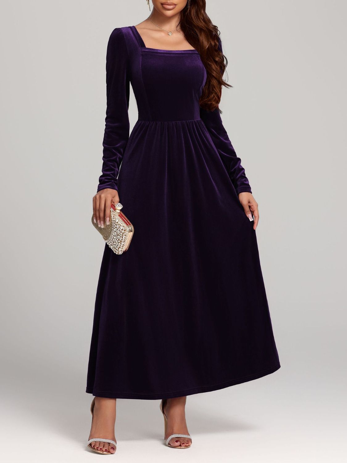 Velvet Square Neck Long Sleeve Dress - Ladyez