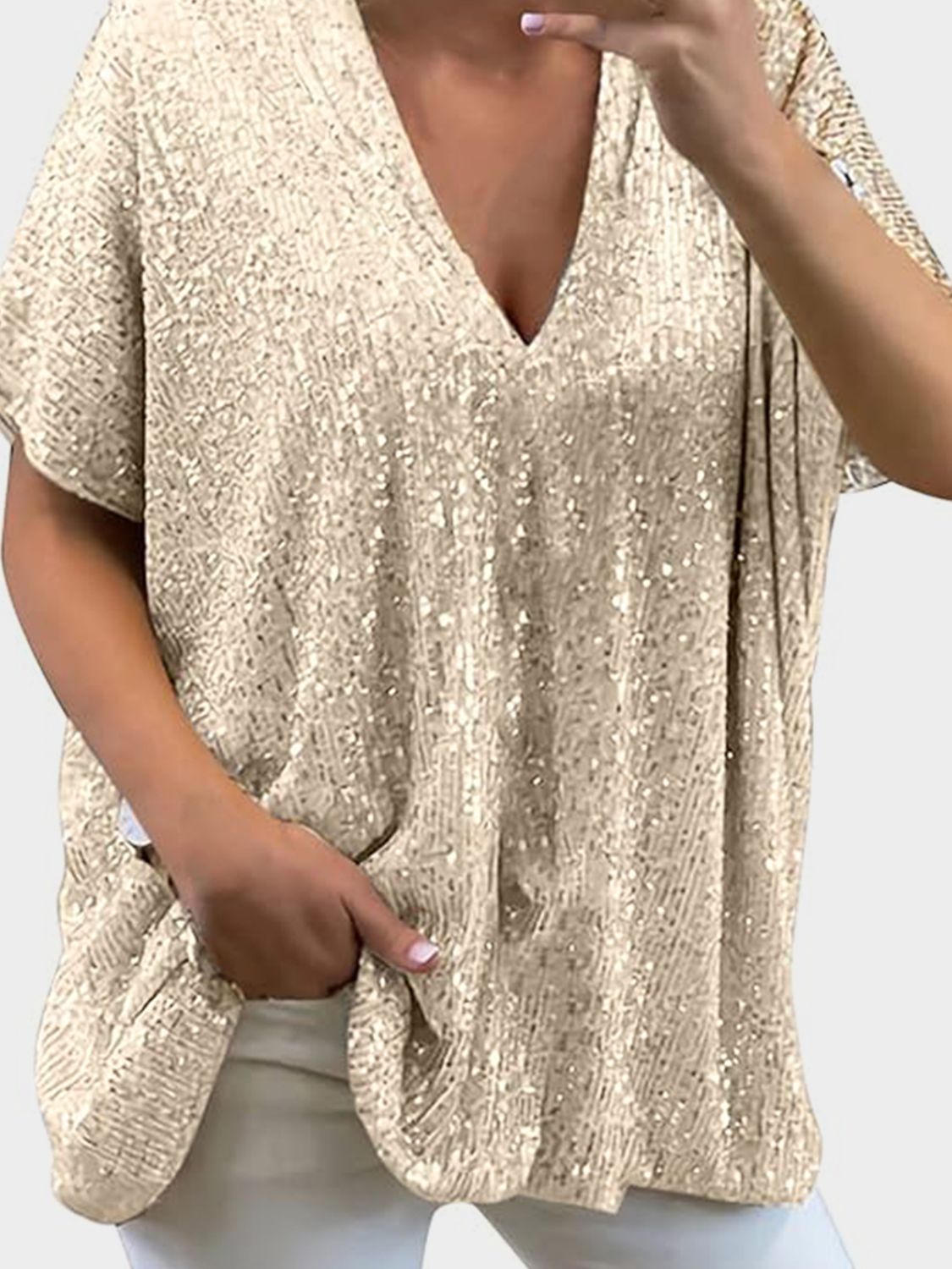 Full Size Sequin V-Neck Short Sleeve Top - Ladyez